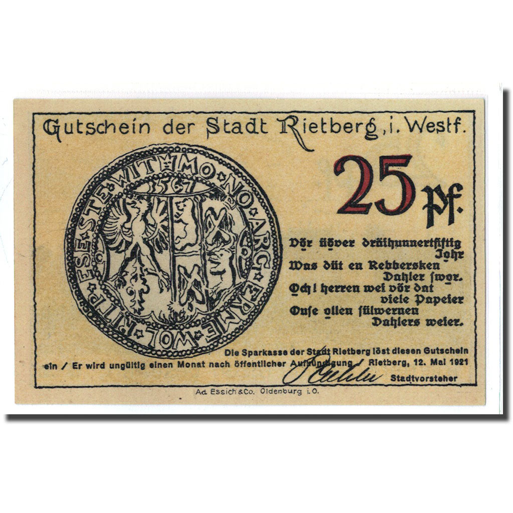 Banknote, Germany, Rietberg, 25 Pfennig, paysage, 1921, 1921-05-12, UNC(63)
