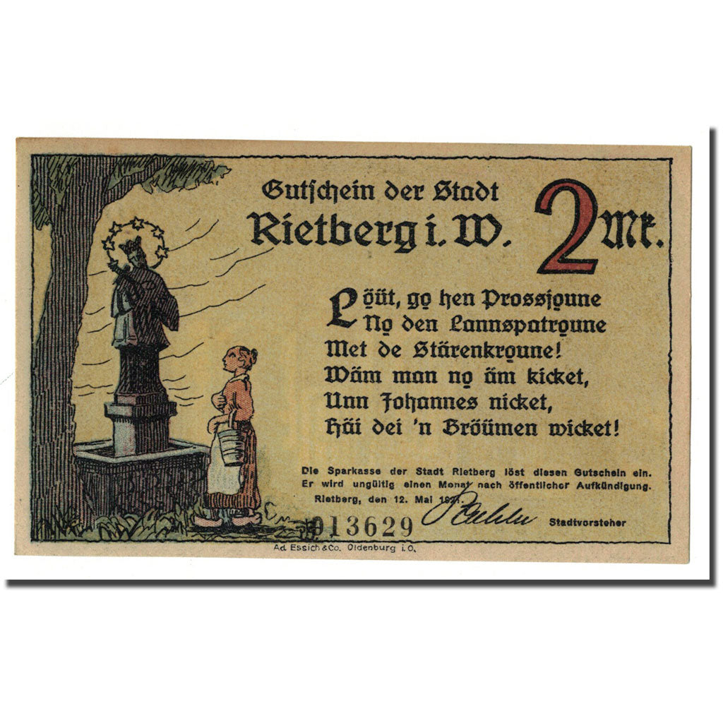 Biljet, Duitsland, Rietberg, 2 Mark, paysage 3, 1921, 1921-05-12, SPL
