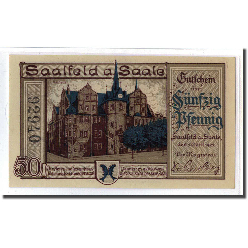 Banknote, Germany, Saalfeld, 50 Pfennig, personnage, 1921, 1921-04-01, UNC(63)