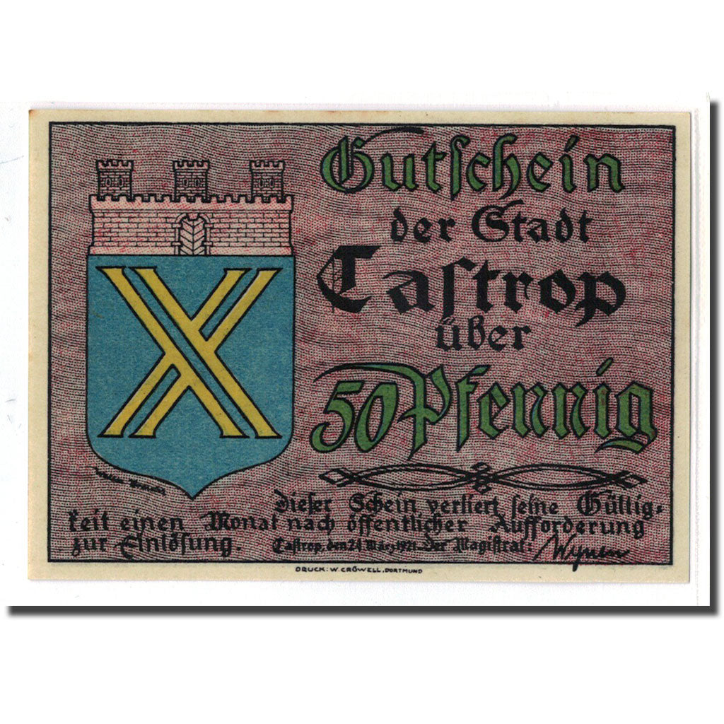 Banknote, Germany, Castrop Stadt, 50 Pfennig, cavalier, 1921, 1921-03-24