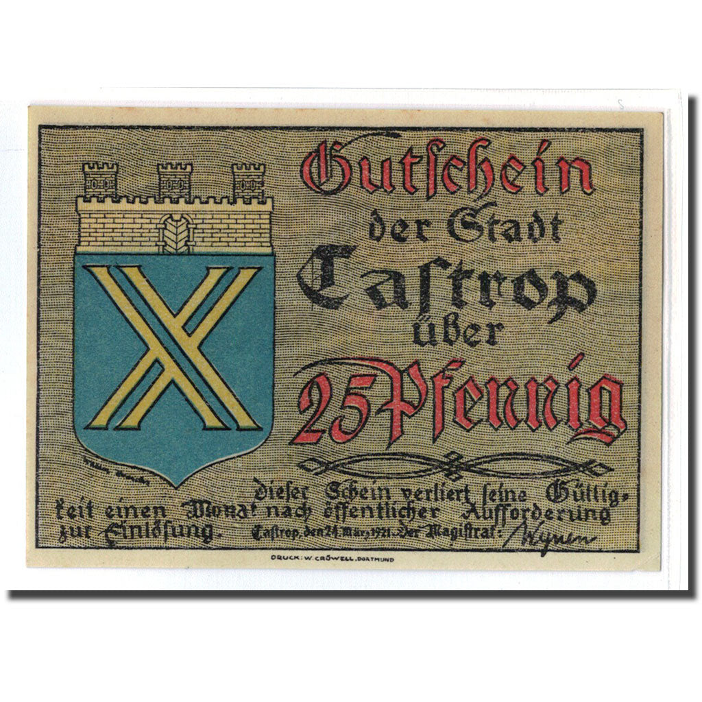 Banknote, Germany, Castrop Stadt, 25 Pfennig, cheval, 1921, 1921-03-24, UNC(63)