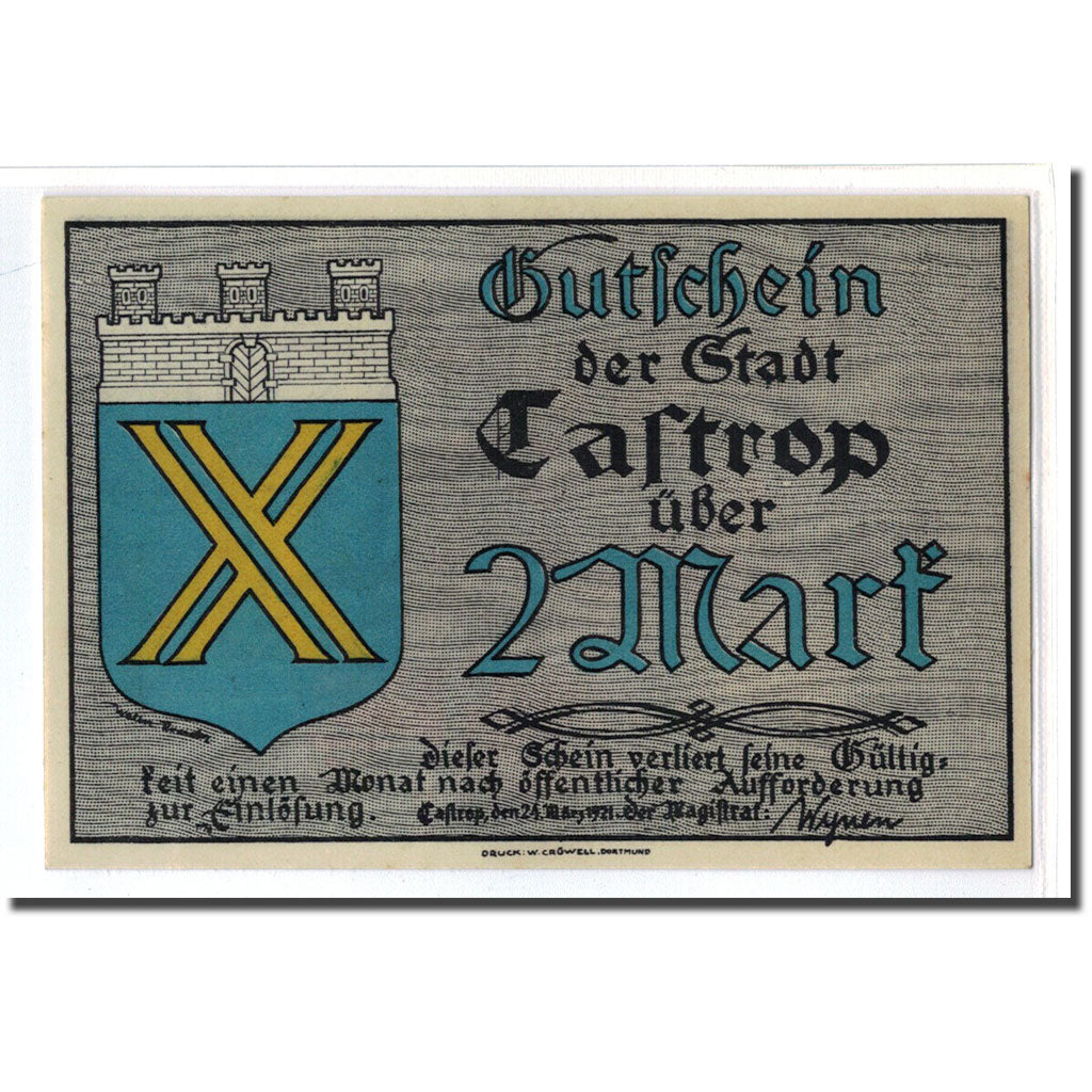 Biljet, Duitsland, Castrop Stadt, 2 Mark, cavalier 1, 1921, 1921-03-24, SPL