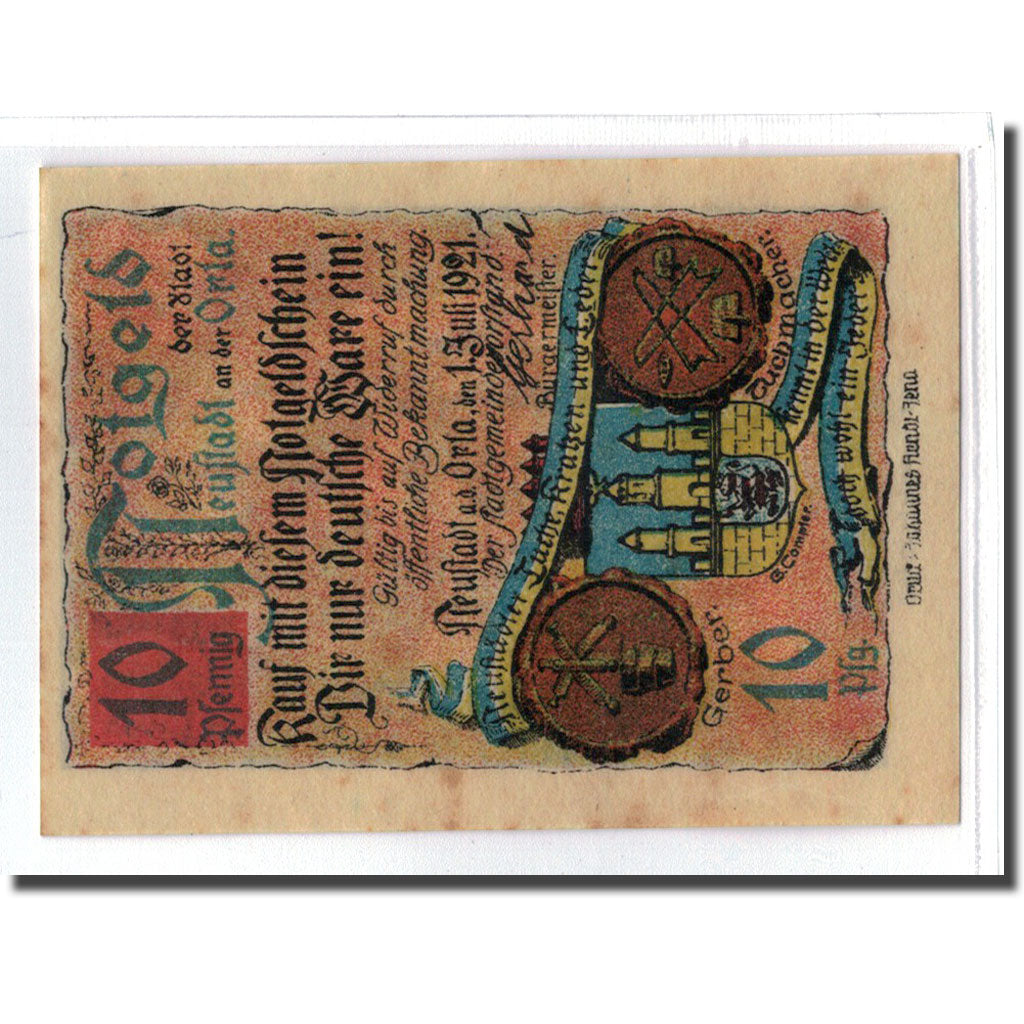 Billete, Alemania, Neustadt a.d Orla Stadt, 10 Pfennig, batiment 1, 1921