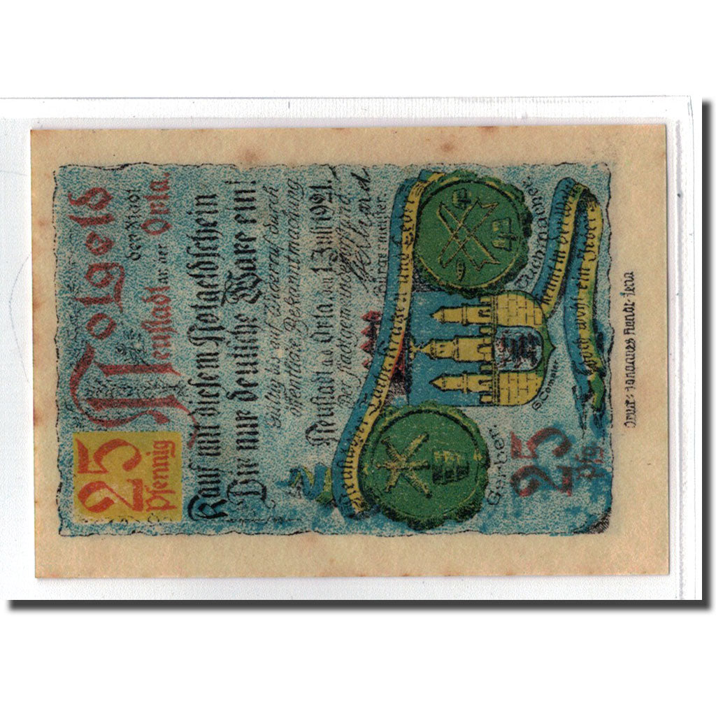 Biljet, Duitsland, Neustadt a.d Orla Stadt, 25 Pfennig, batiment 2, 1921