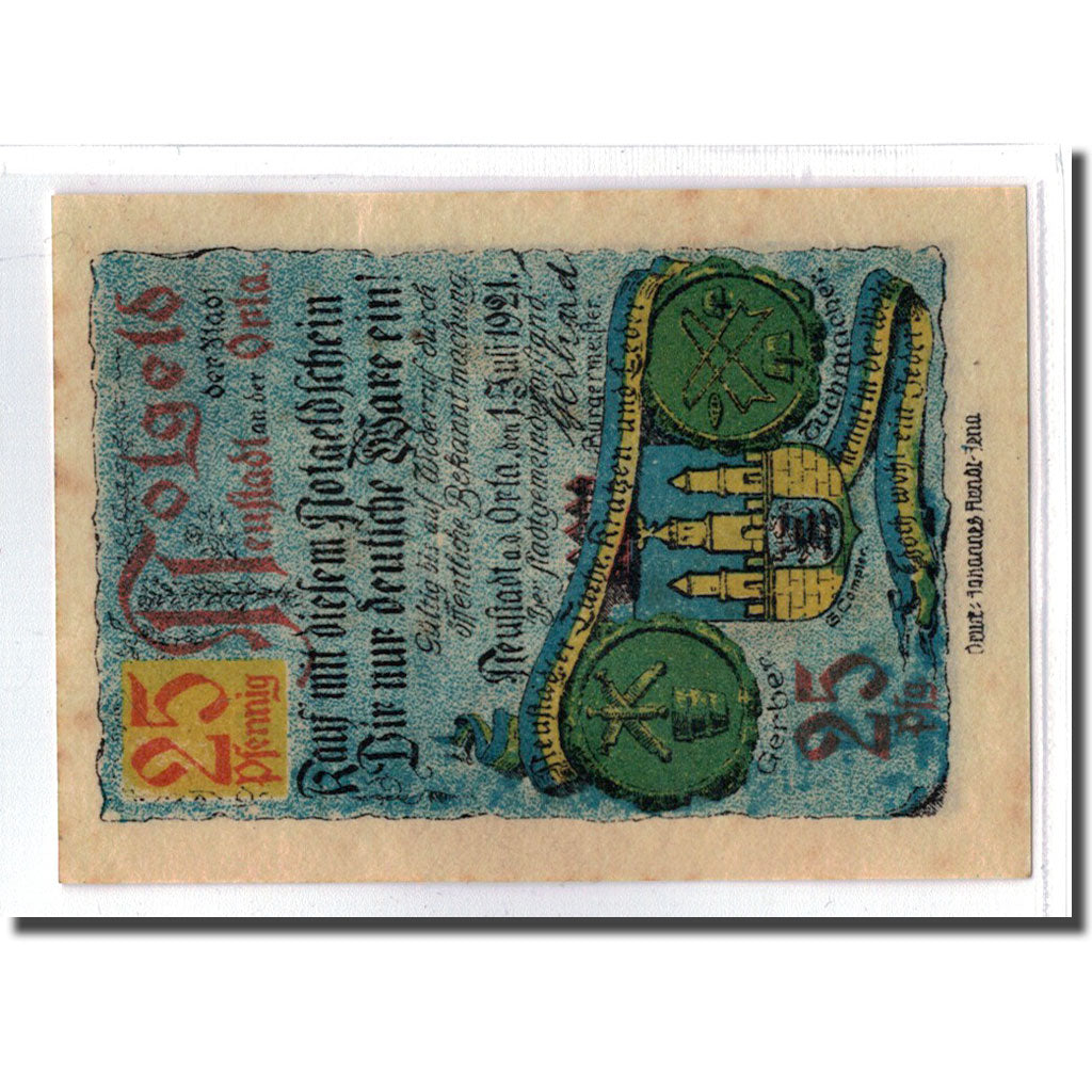 Banconote, Germania, Neustadt a.d Orla Stadt, 25 Pfennig, batiment 3, 1921