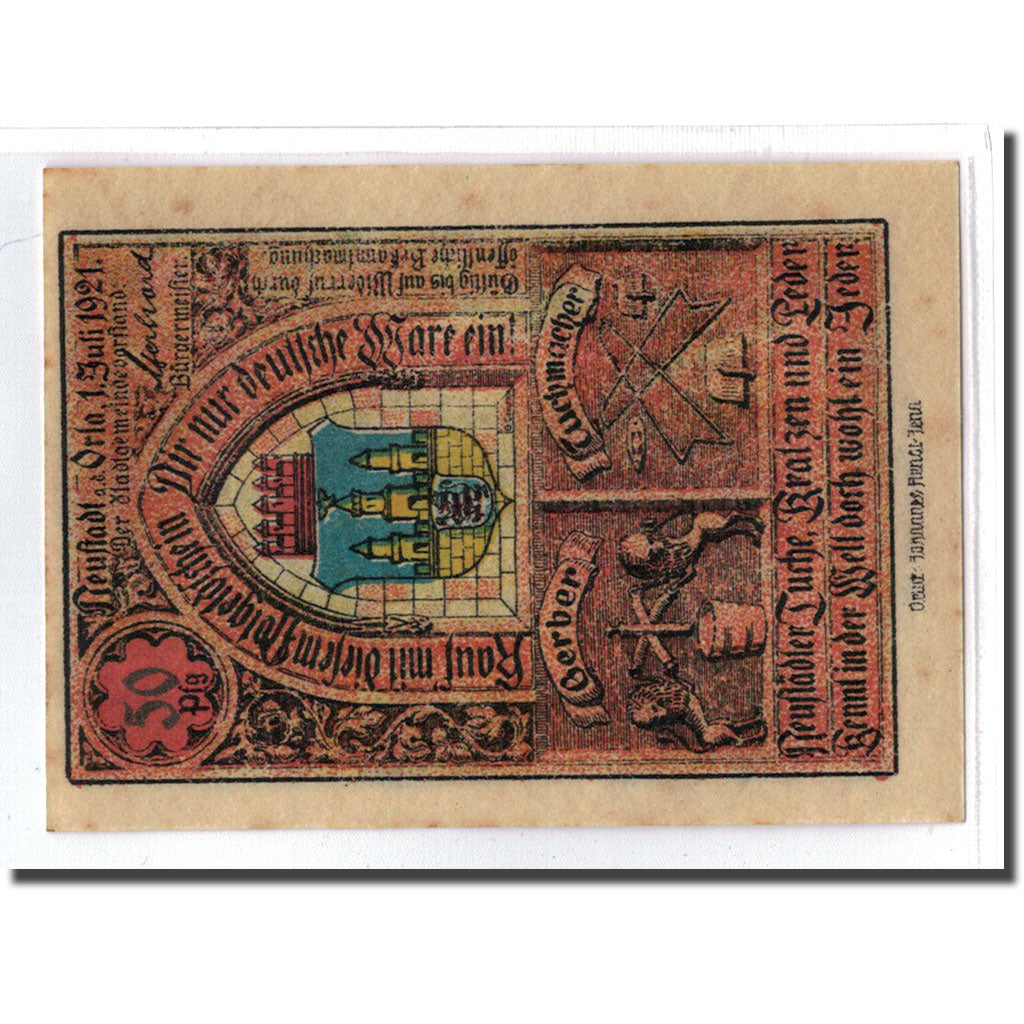 Biljet, Duitsland, Neustadt a.d Orla Stadt, 50 Pfennig, Batiment 4, 1921