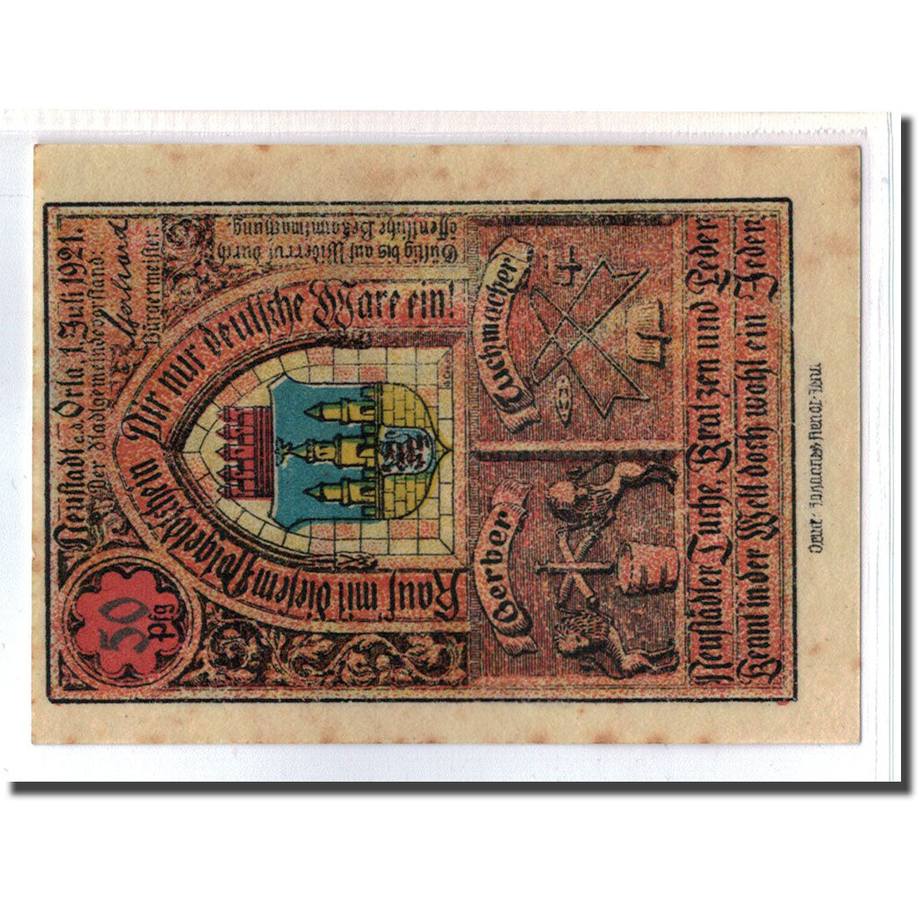 Biljet, Duitsland, Neustadt a.d Orla Stadt, 50 Pfennig, Batiment 5, 1921
