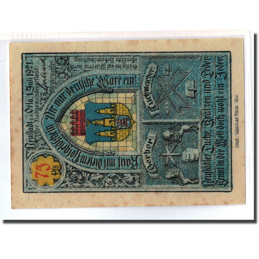 Biljet, Duitsland, Neustadt a.d Orla Stadt, 75 Pfennig, Batiment 6, 1921