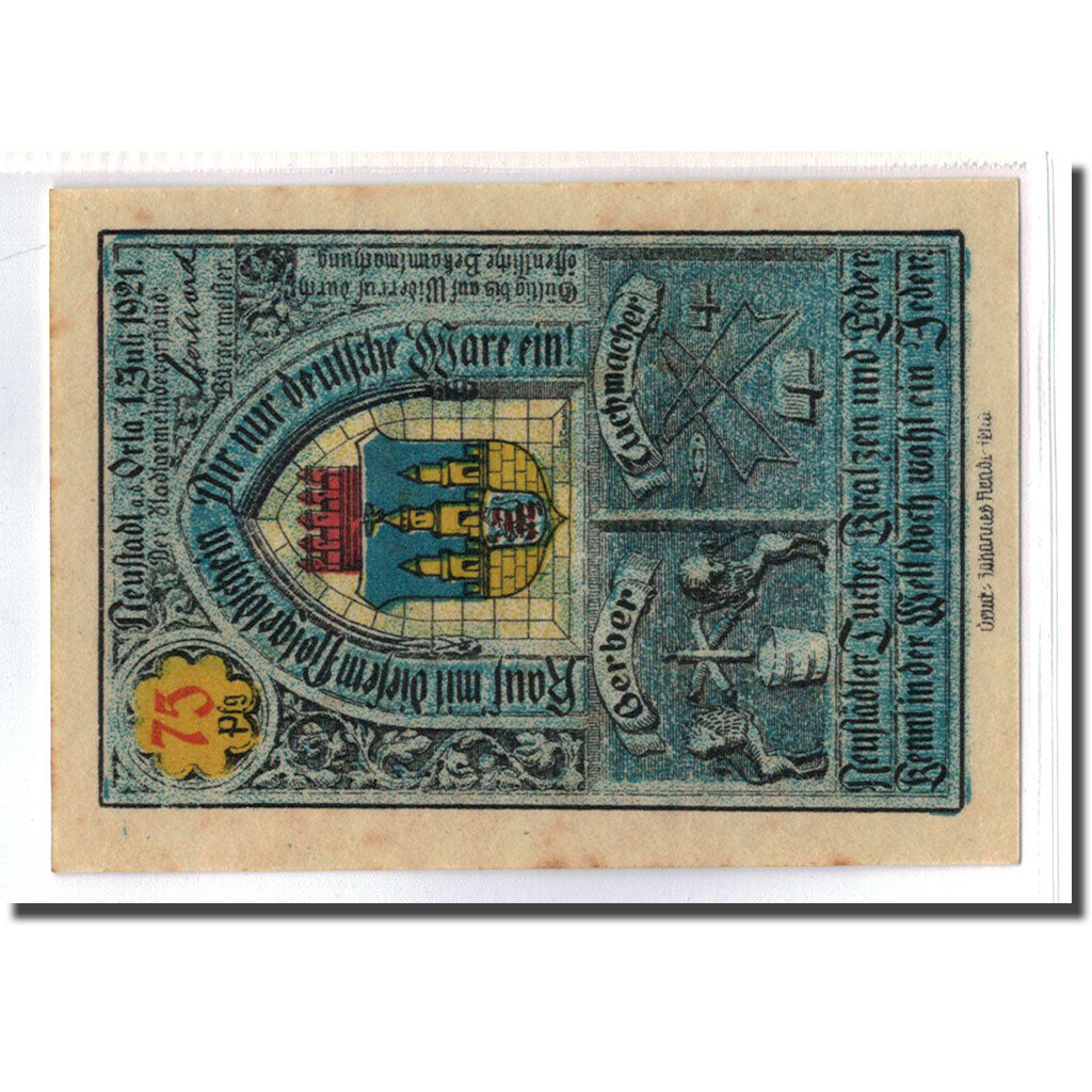 Biljet, Duitsland, Neustadt a.d Orla Stadt, 75 Pfennig, batiment 7, 1921