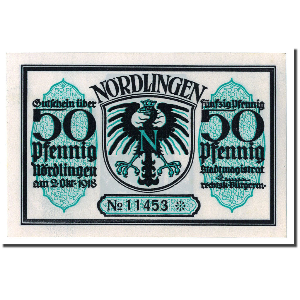 Banconote, Germania, Nordlingen, 50 Pfennig, batiment 2, 1918, 1918-10-02, SPL