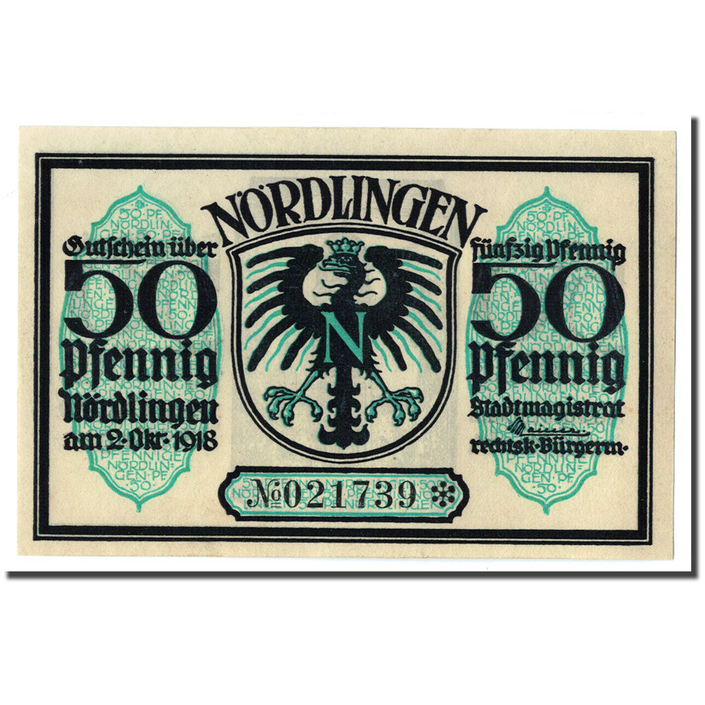 Banknot, Niemcy, Nordlingen, 50 Pfennig, Batiment 4, 1918, 1918-10-02, UNC(63)