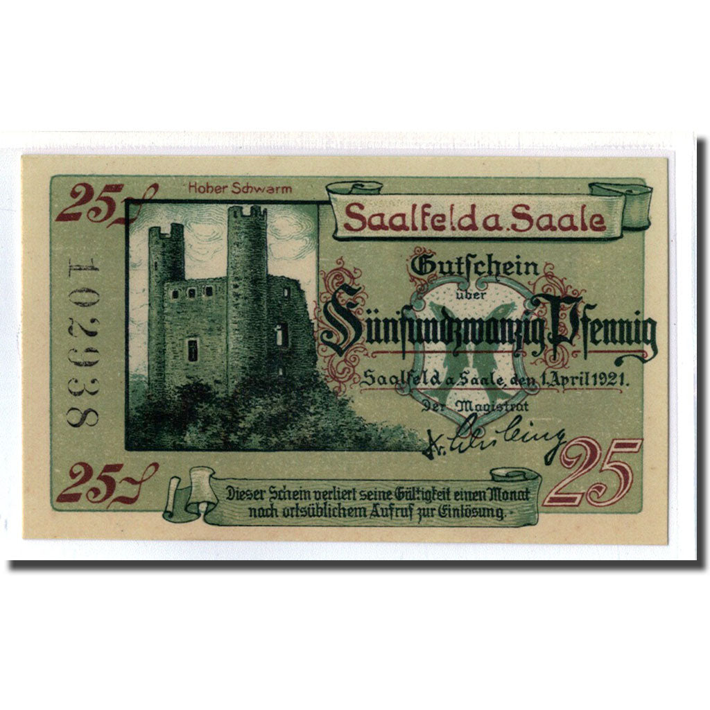 Biljet, Duitsland, Saalfeld, 25 Pfennig, château, 1921, 1921-04-01, SPL