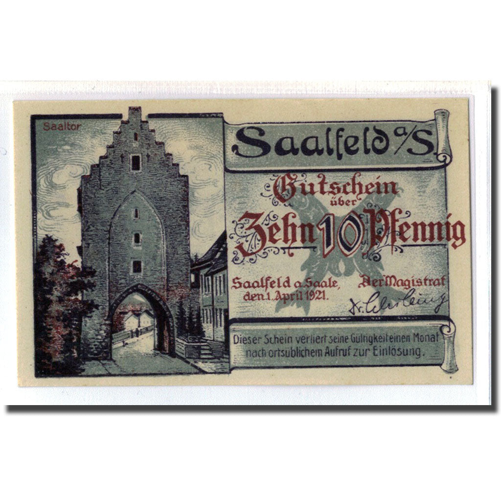 Banknote, Germany, Saalfeld, 10 Pfennig, paysage, 1921, 1921-04-01, UNC(63)
