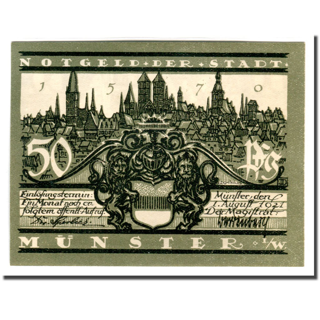 Billete, Alemania, Munster, 50 Pfennig, statue, 1921, 1921-08-01, SC, Mehl:916.1