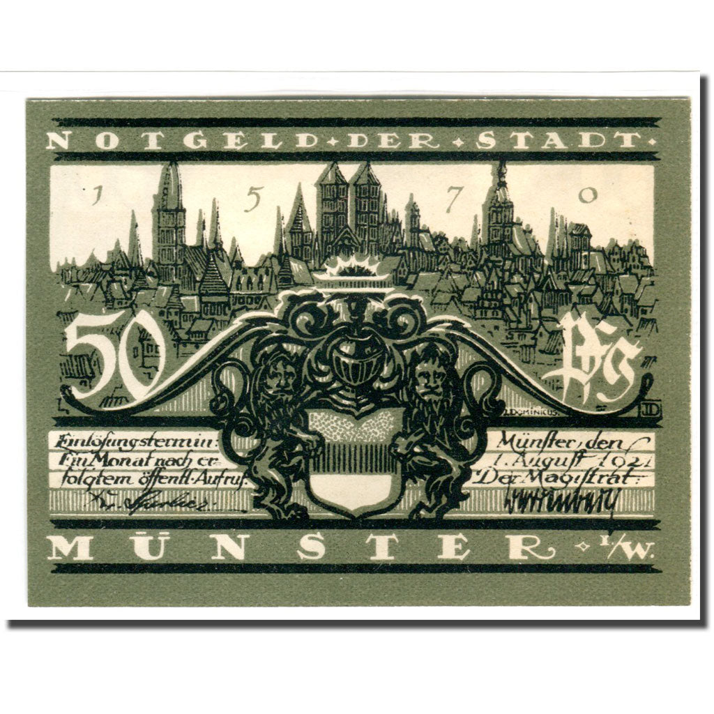 Banknote, Germany, Munster, 50 Pfennig, Batiment, 1921, 1921-08-01, UNC(63)