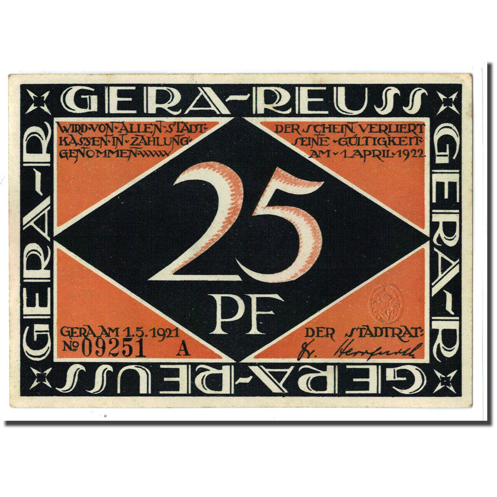 Billete, Alemania, Gera Stadt, 25 Pfennig, personnage, 1921, 1921-05-01, SC