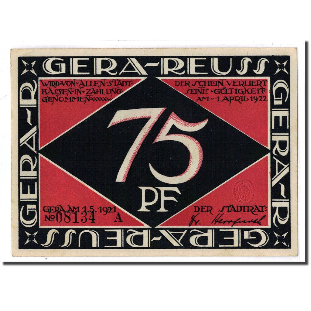 Banknote, Germany, Gera Stadt, 75 Pfennig, personnage 1, 1921, 1921-05-01