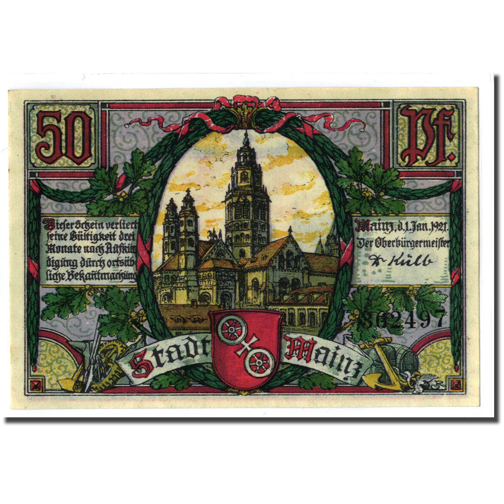 Banconote, Germania, Mainz Stadt, 50 Pfennig, Monument, 1921, 1921-01-01, SPL