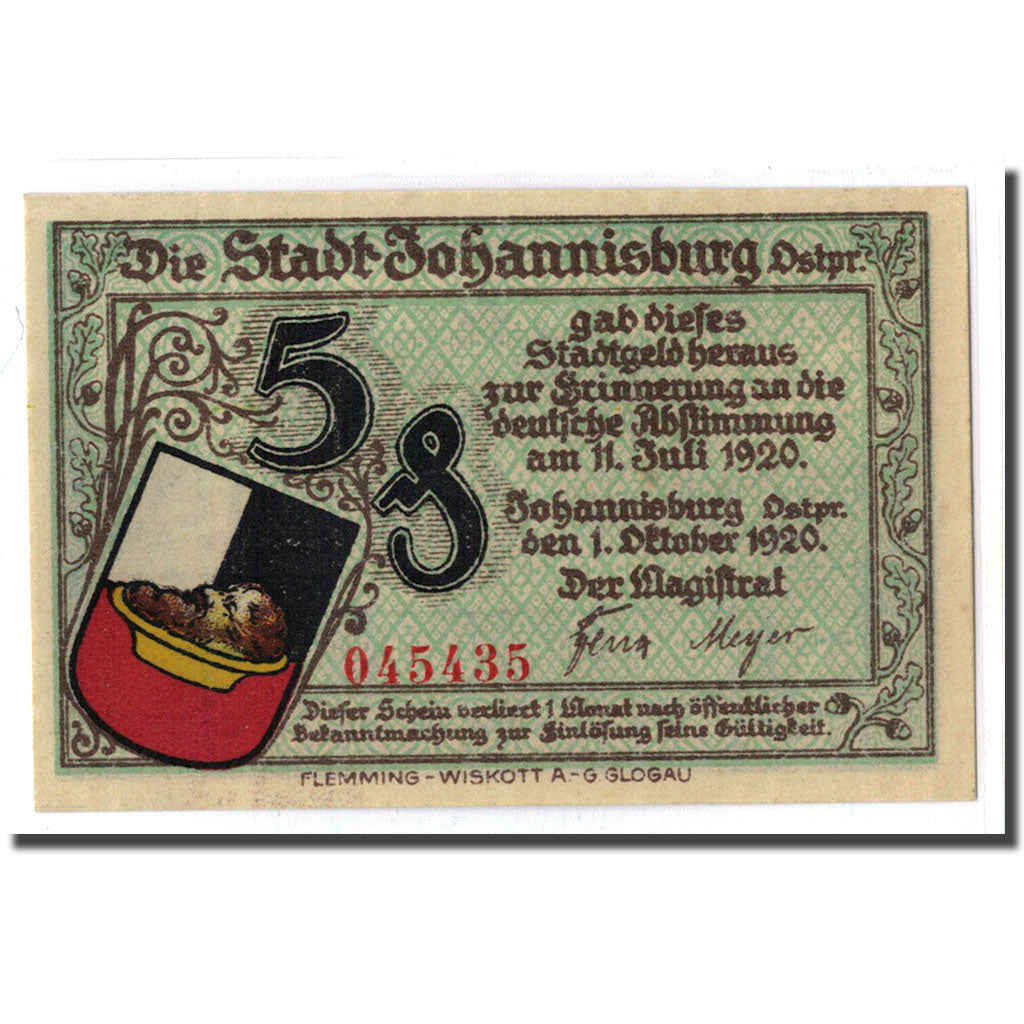 Billete, Alemania, Johannisburg, 5 Pfennig, Batiment, 1920, 1920-10-01, SC