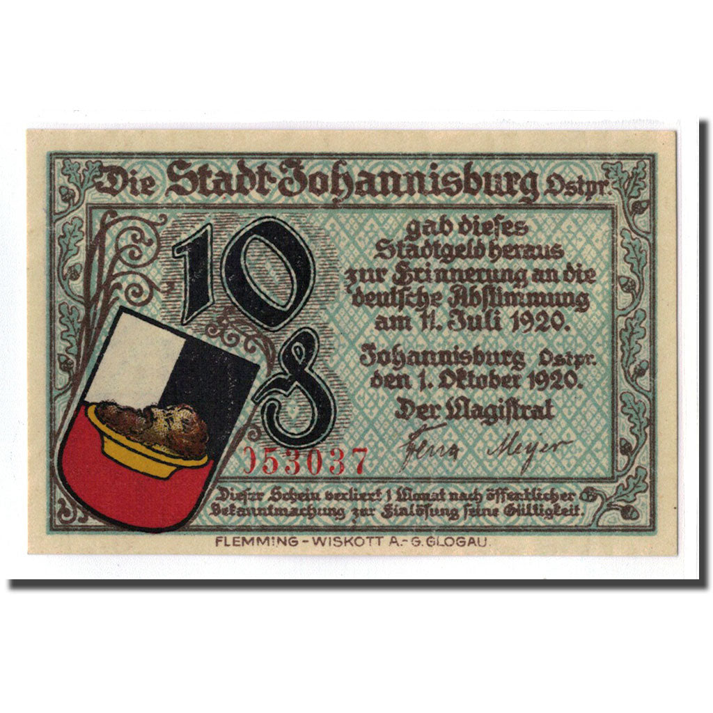 Biljet, Duitsland, Johannisburg, 10 Pfennig, batiment 1, 1920, 1920-10-01, SPL