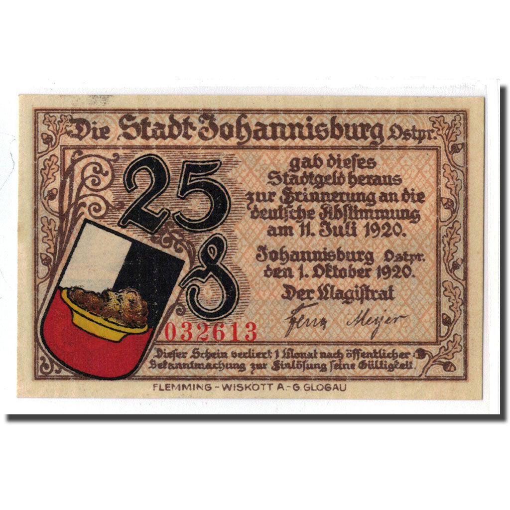 Biljet, Duitsland, Johannisburg, 25 Pfennig, batiment 2, 1920, 1920-10-01, SPL