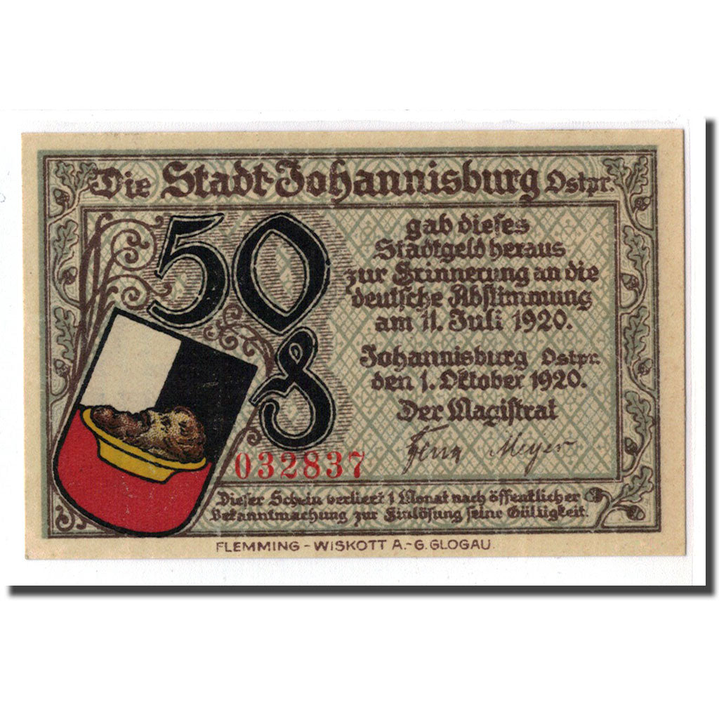 Banconote, Germania, Johannisburg, 50 Pfennig, batiment 3, 1920, 1920-10-01