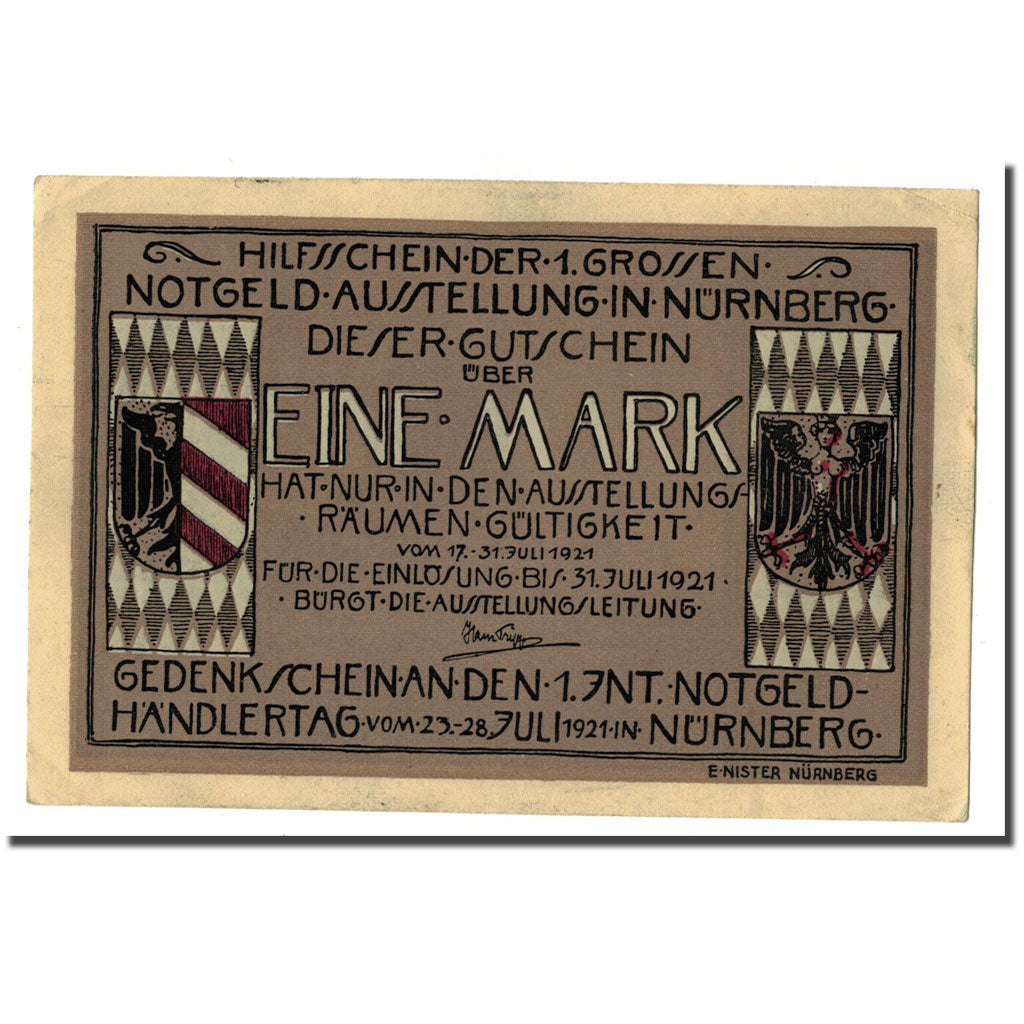 Banconote, Germania, Nürnberg, 1 Mark, Batiment, 1921, 1921-07-31, SPL