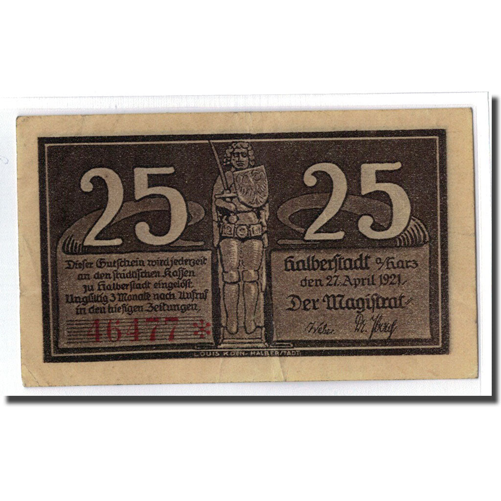 Banconote, Germania, Halberstadt, 25 Pfennig, personnage 1, 1921, 1921-04-27
