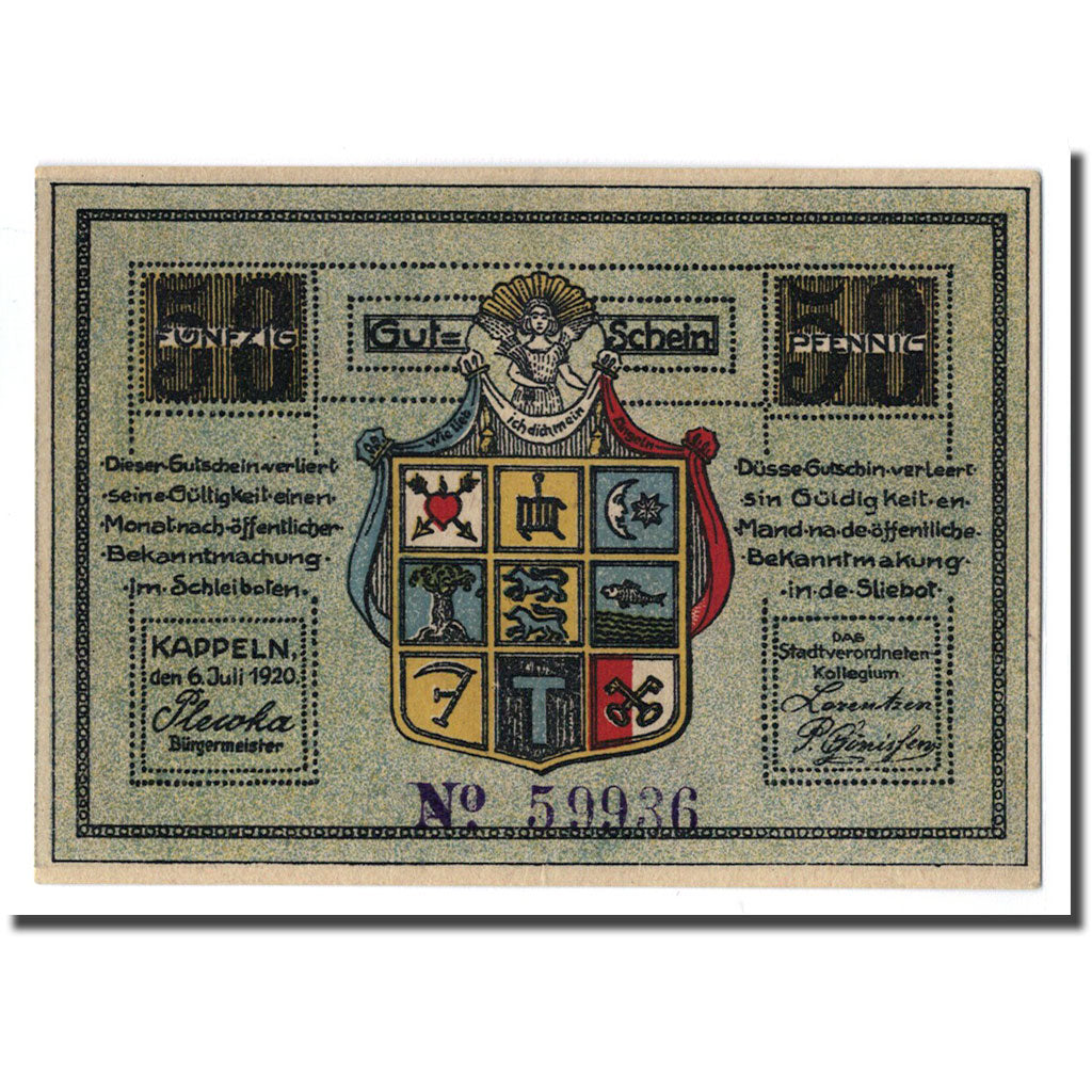 Banknot, Niemcy, Kappeln Stadt, 50 Pfennig, personnage, 1920, 1920-07-06
