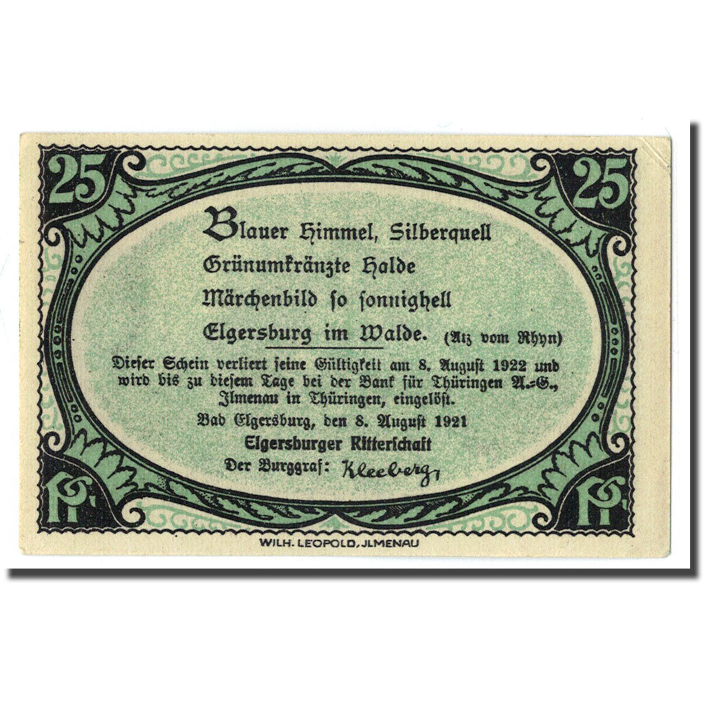 Banconote, Germania, Elgersburg Bad, 25 Pfennig, paysage, 1921, 1921-08-08, SPL