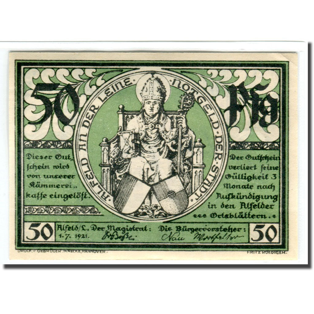 Banconote, Germania, Alfeld, 50 Pfennig, batiment 1, 1921, 1921-07-01, SPL
