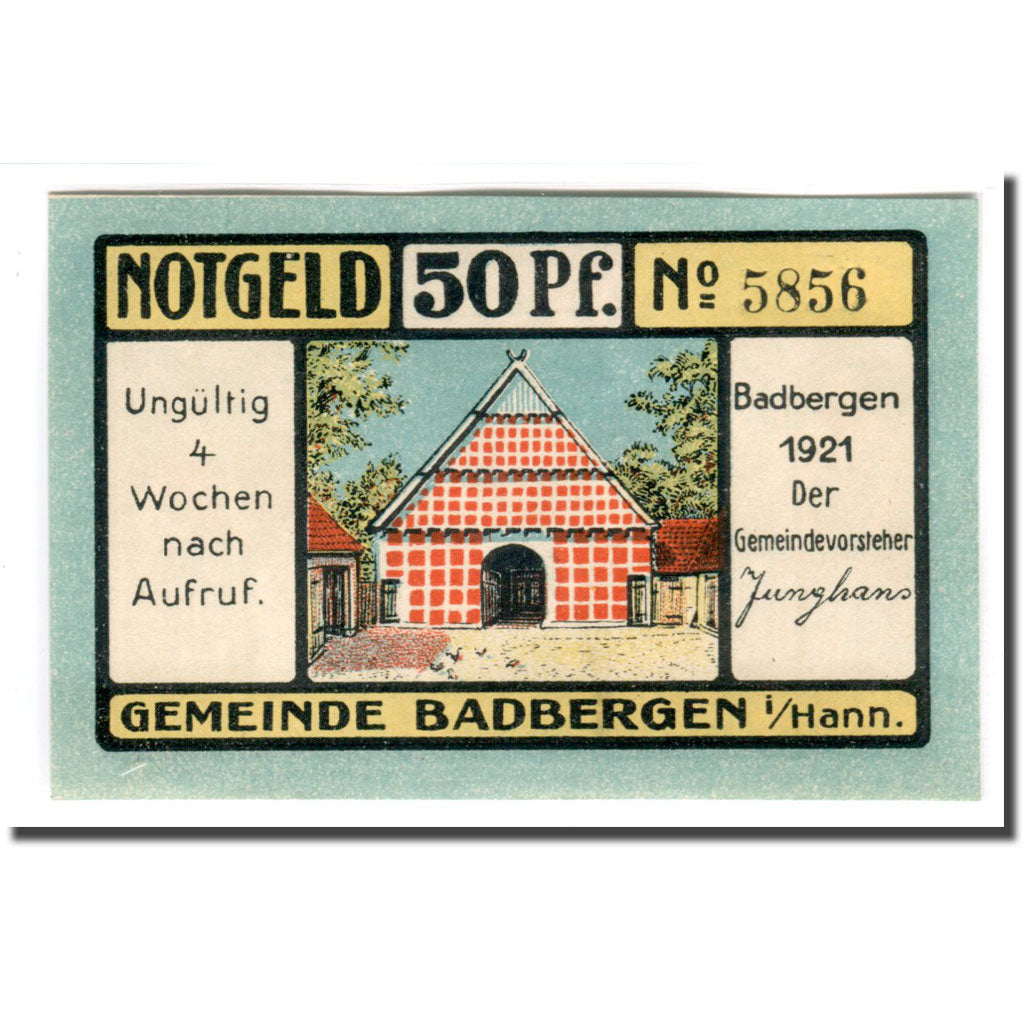Billete, Alemania, Badbergen, 50 Pfennig, personnage 1, 1921, SC, Mehl:58.1