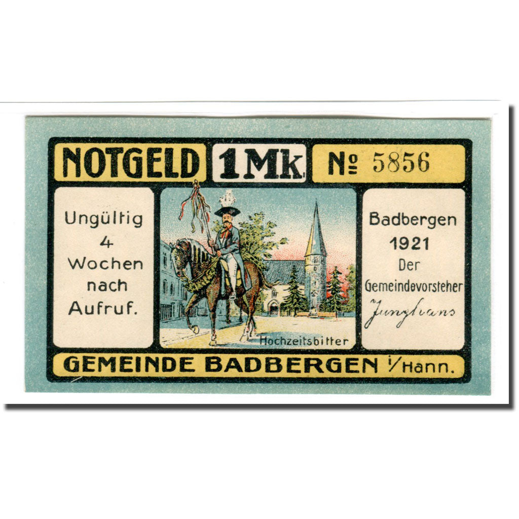 Banknote, Germany, Badbergen, 1 Mark, personnage 2, 1921, UNC(63), Mehl:58.1