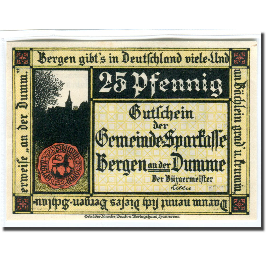 Banknote, Germany, Bergen a.d Dumme, 25 Pfennig, Texte, 1922, 1922-12-31