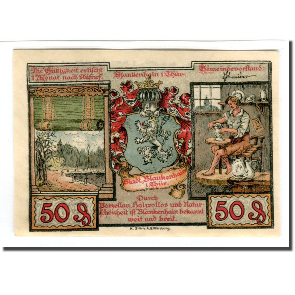 Banknote, Germany, Blankenhain in Thuringen Stadt, 50 Pfennig, paysage, 1921