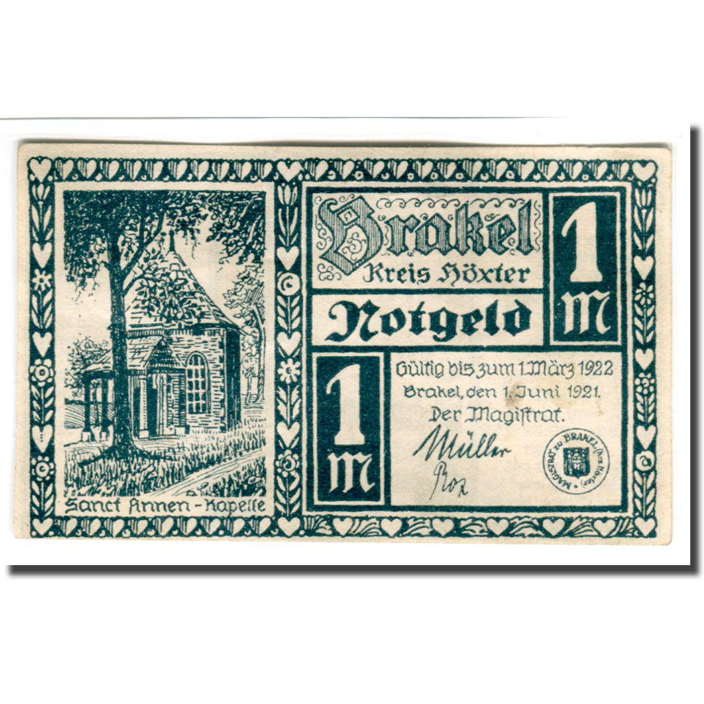 Banknote, Germany, Brakel Stadt, 1 Mark, personnage, 1921, 1921-06-01, UNC(63)
