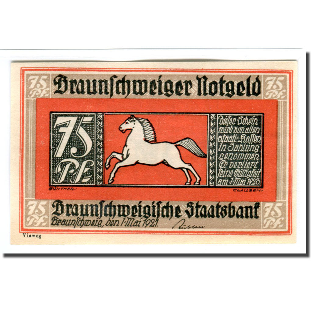 Biljet, Duitsland, Braunschweig, 75 Pfennig, rue, 1921, 1921-05-01, SPL