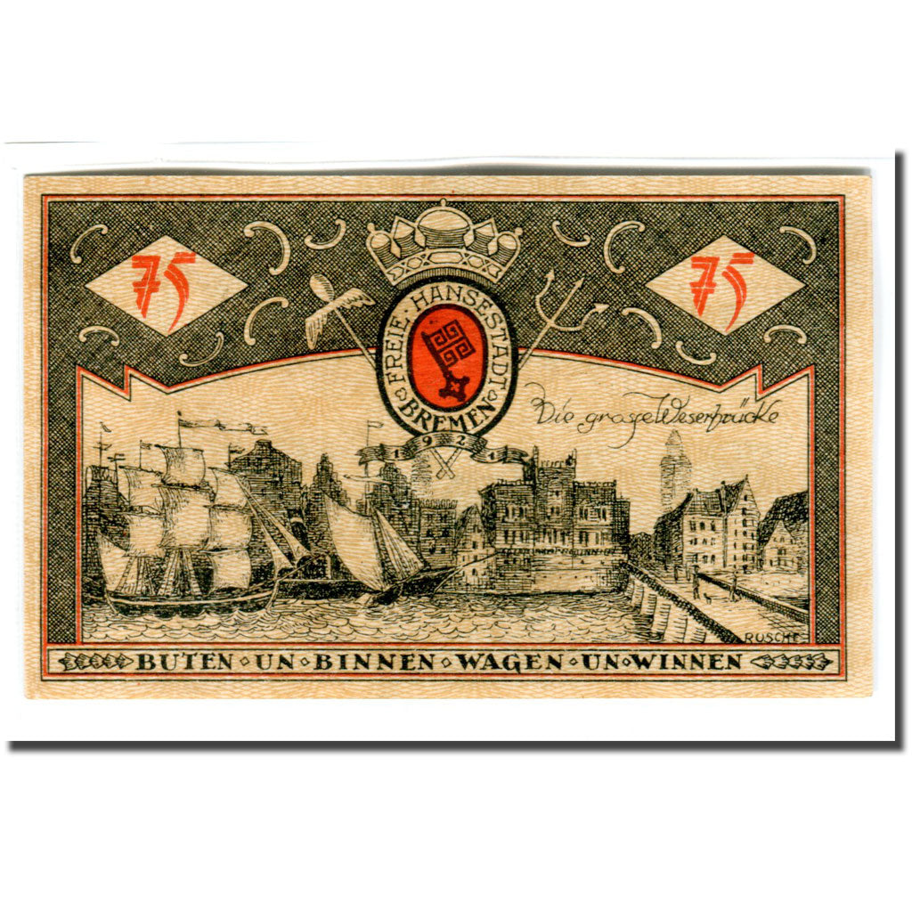 Banconote, Germania, Bremen, 75 Pfennig, bateau, 1921, 1921-09-15, SPL