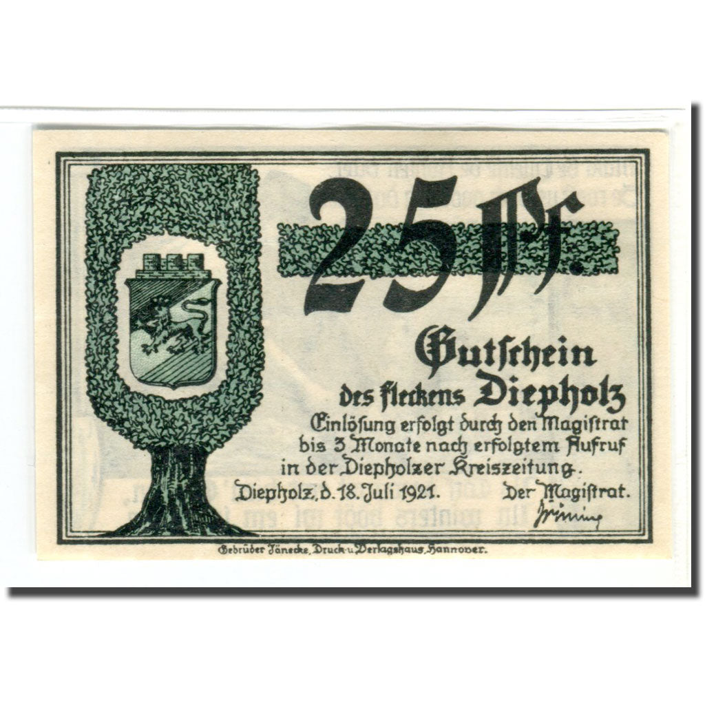 Banconote, Germania, Diepholz, 25 Pfennig, personnage, 1921, 1921-07-18, SPL