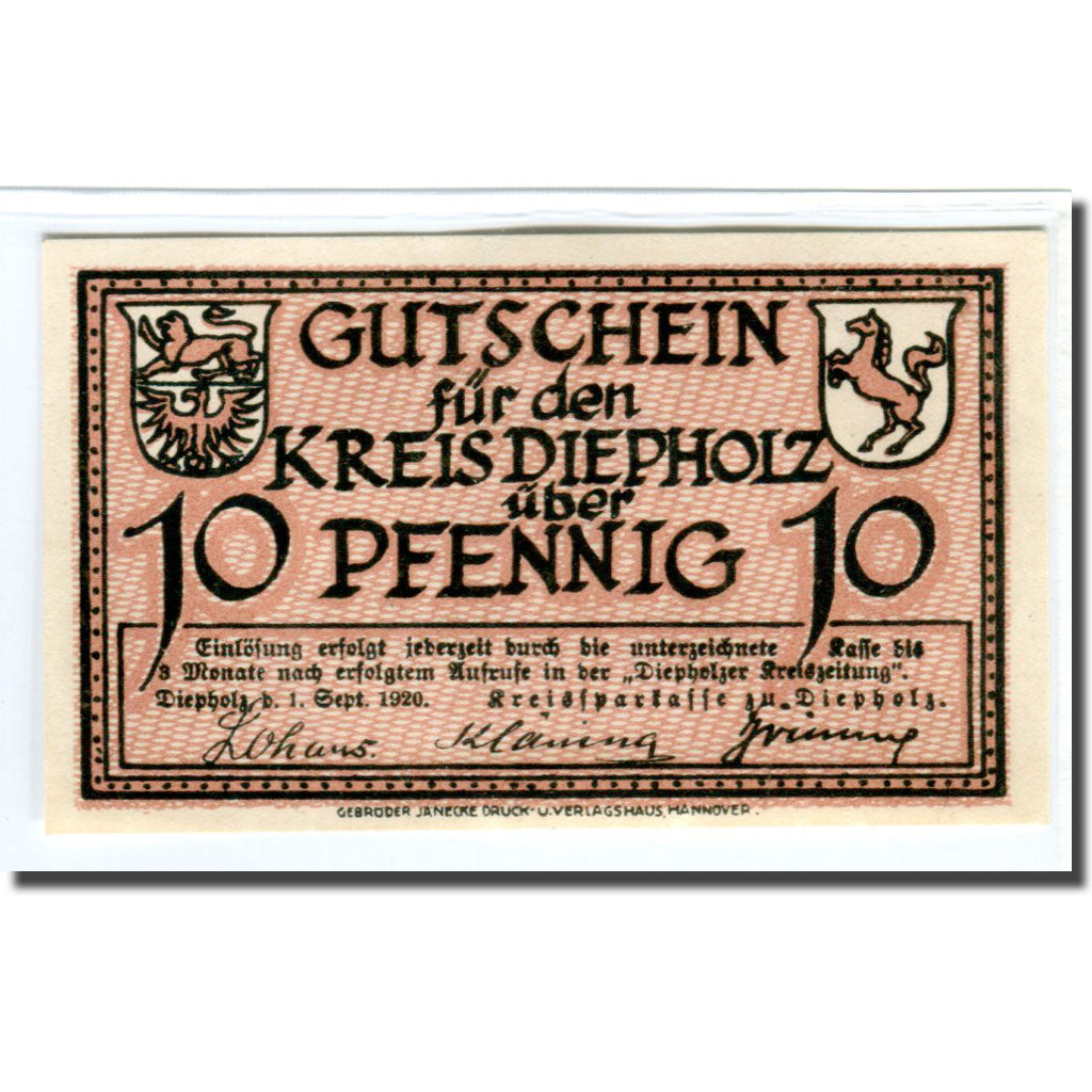 Banknote, Germany, Diepholz, 10 Pfennig, Animaux, 1920, 1920-09-01, UNC(63)