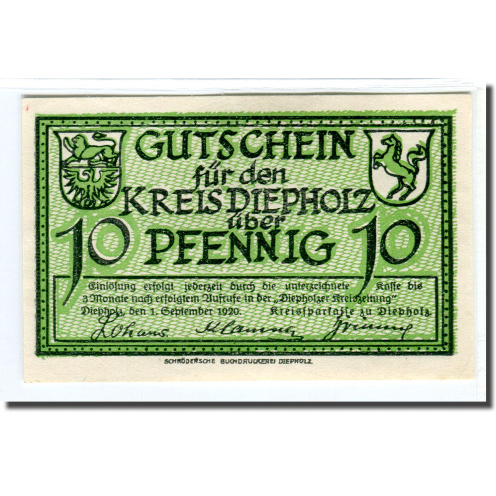 Banknote, Germany, Diepholz, 10 Pfennig, Animaux, 1920, 1920-09-01, UNC(63)