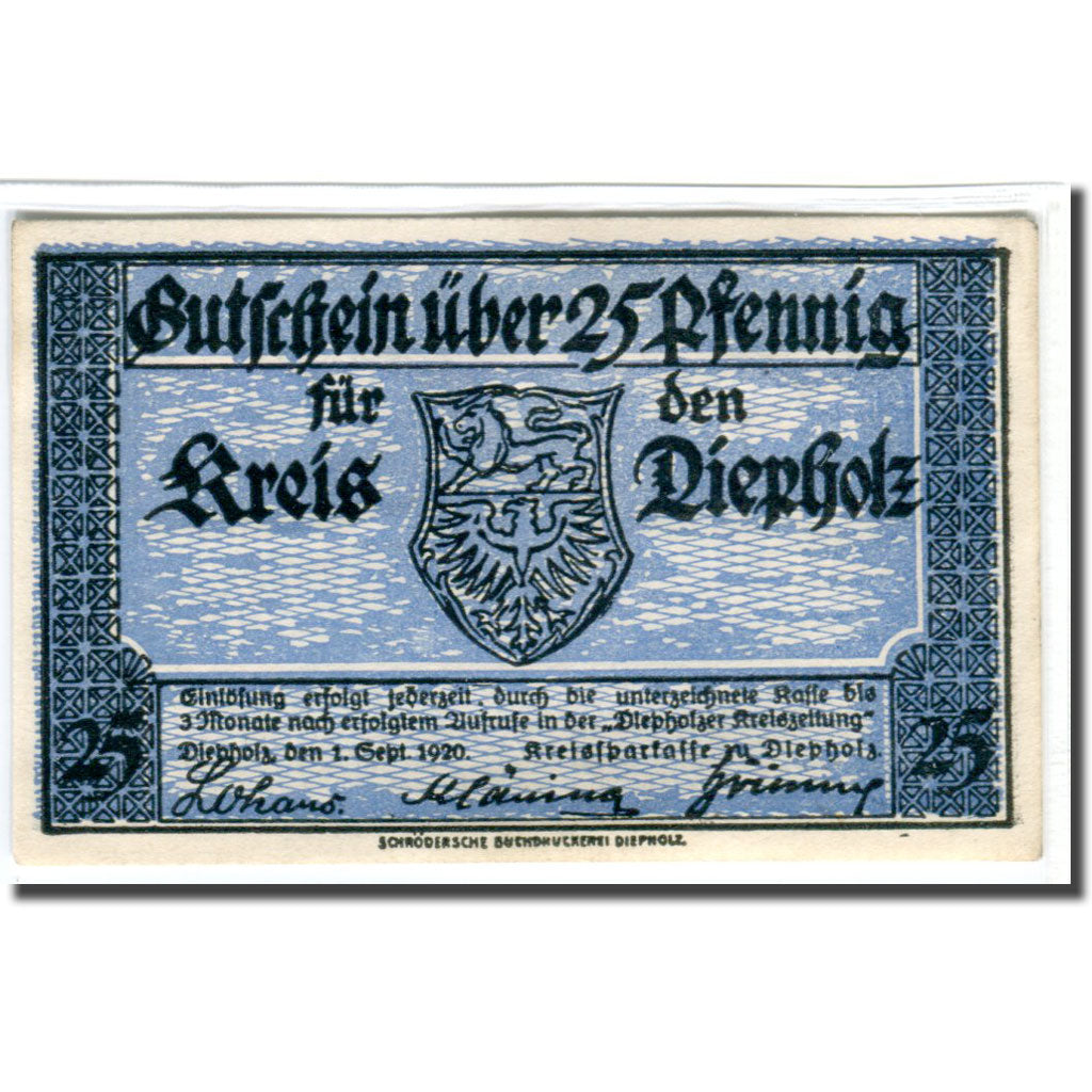 Banconote, Germania, Diepholz, 25 Pfennig, Batiment, 1920, 1920-09-01, SPL