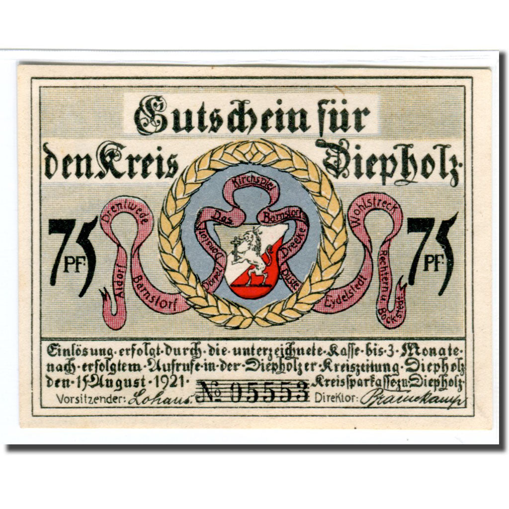 Banconote, Germania, Diepholz, 75 Pfennig, Batiment, 1921, 1921-08-15, SPL