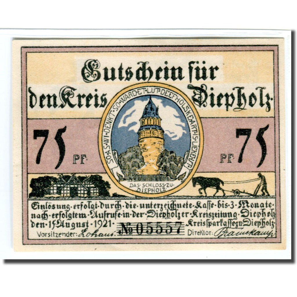 Banknote, Germany, Diepholz, 75 Pfennig, personnage, 1921, 1921-08-15, UNC(63)
