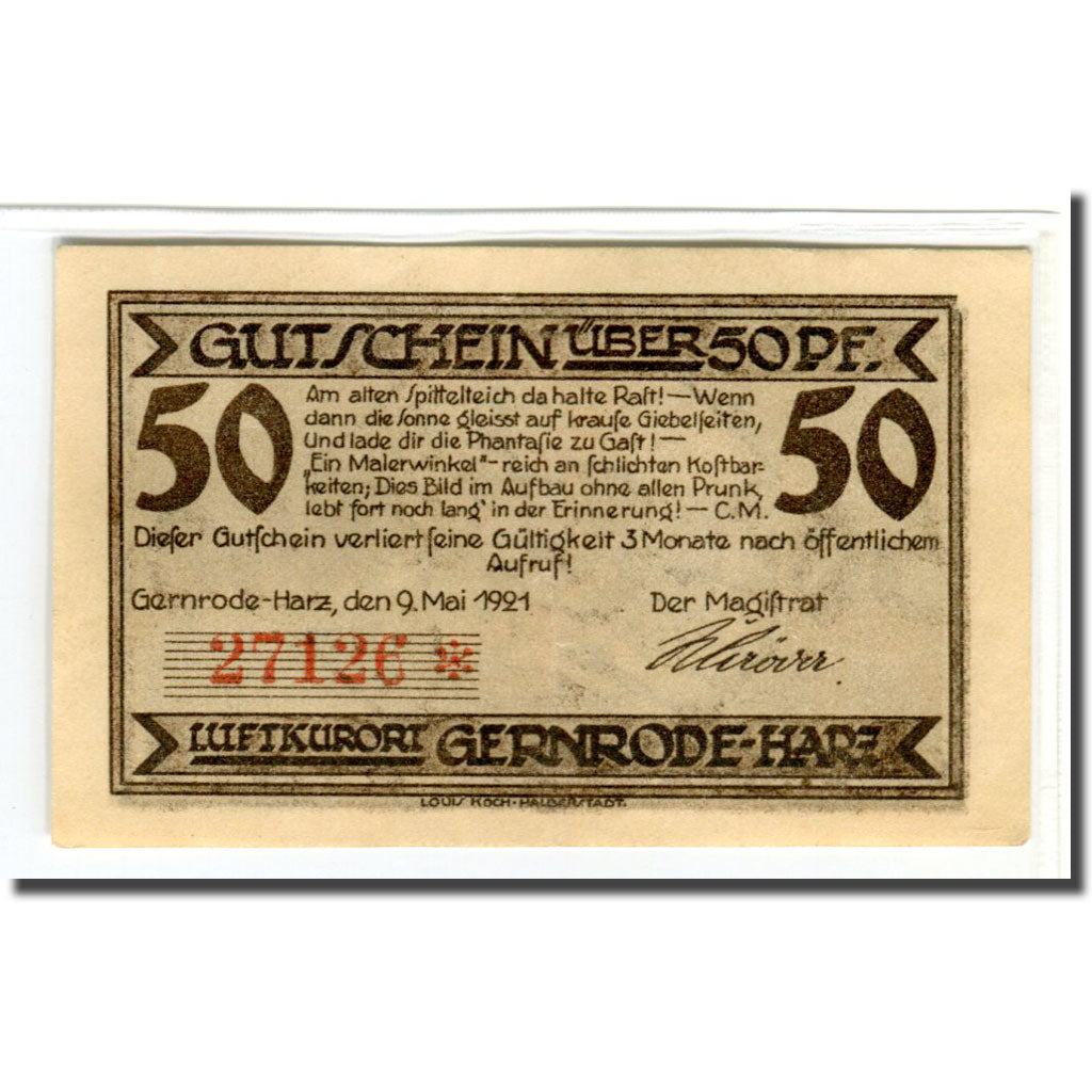 Geldschein, Deutschland, Gernrode a. H., 50 Pfennig, village, 1921, 1921-05-09