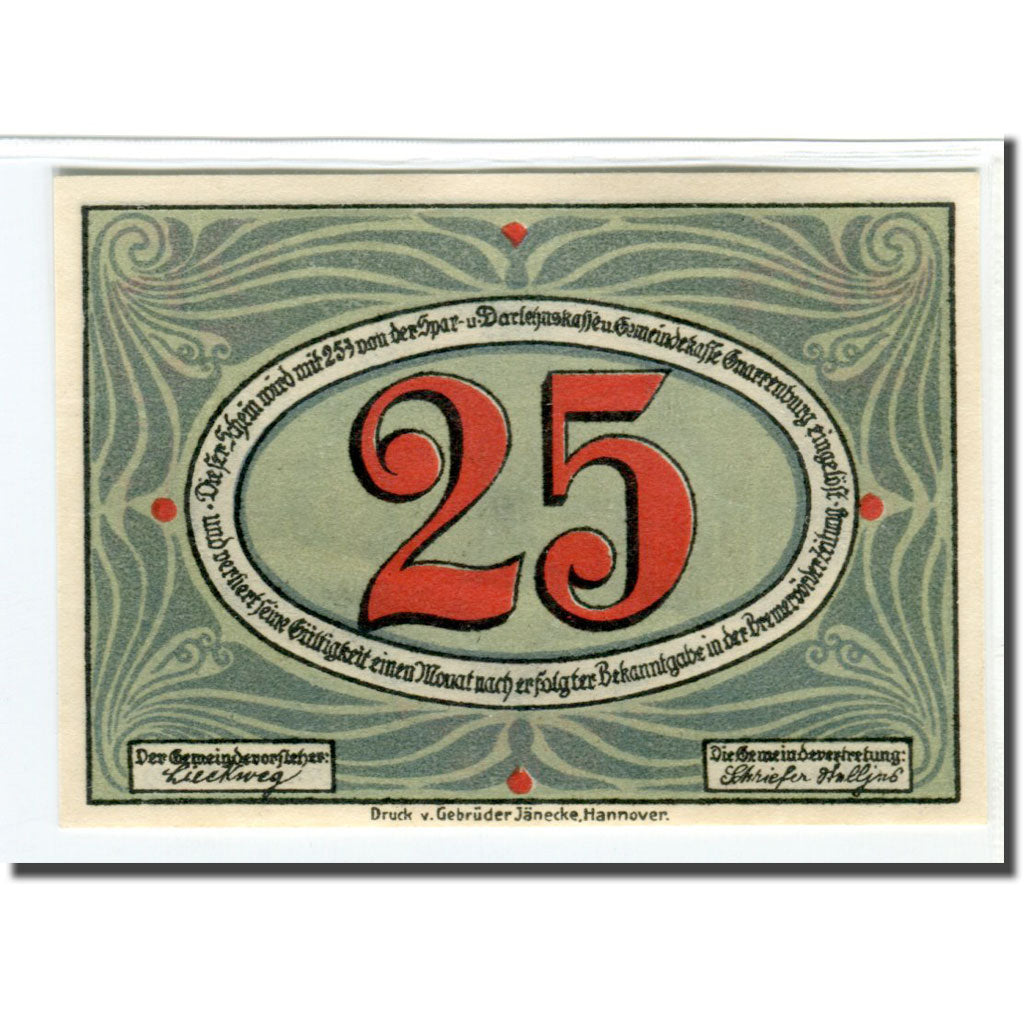 Banconote, Germania, Gnarrenburg Gemeinde, 25 Pfennig, Batiment, 1921, SPL