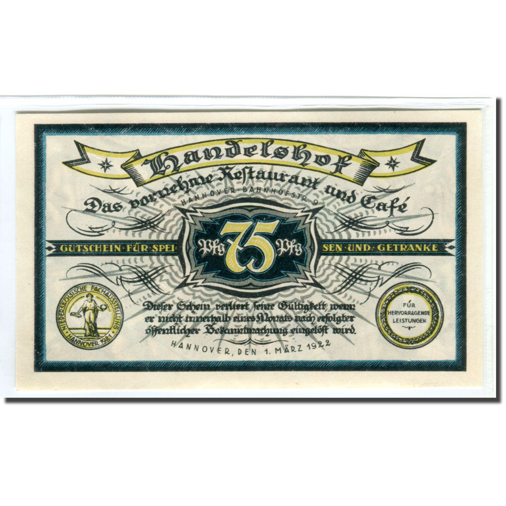 Billet, Allemagne, Hannover, 75 Pfennig, personnage 2, 1922, 1922-03-01, SPL