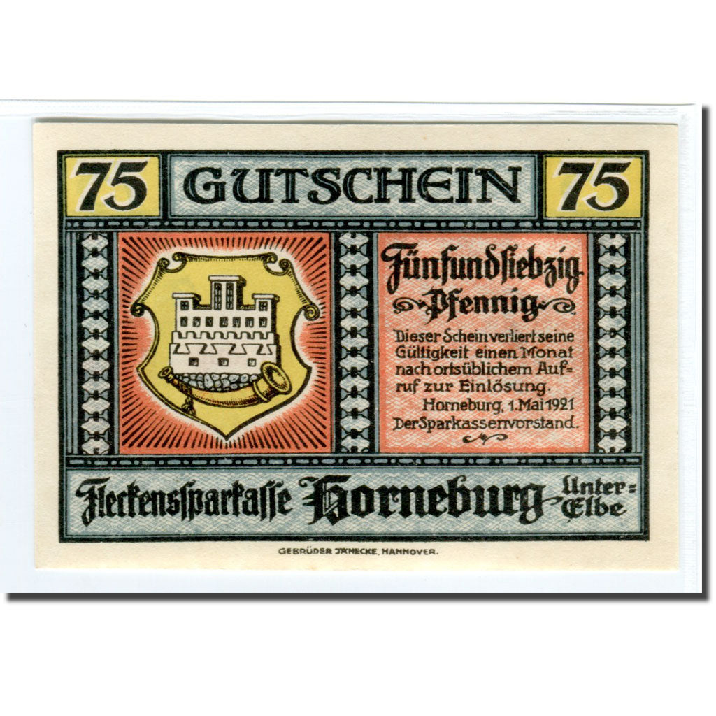 Banknot, Niemcy, Horneburg, 75 Pfennig, rue, 1921, 1921-05-01, UNC(63)