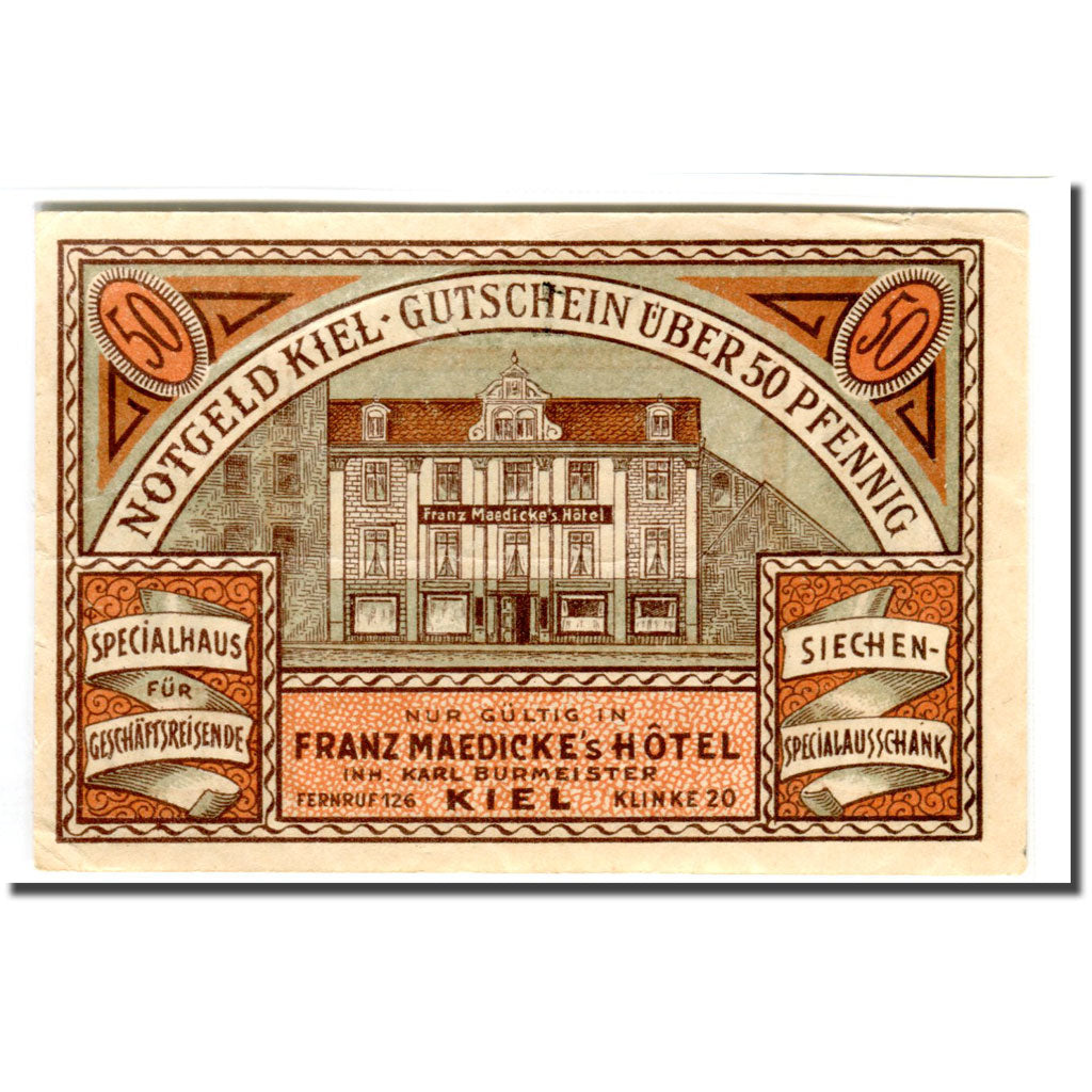 Banknote, Germany, Kiel, 50 Pfennig, Restaurant, 1921, UNC(63), Mehl:697.1