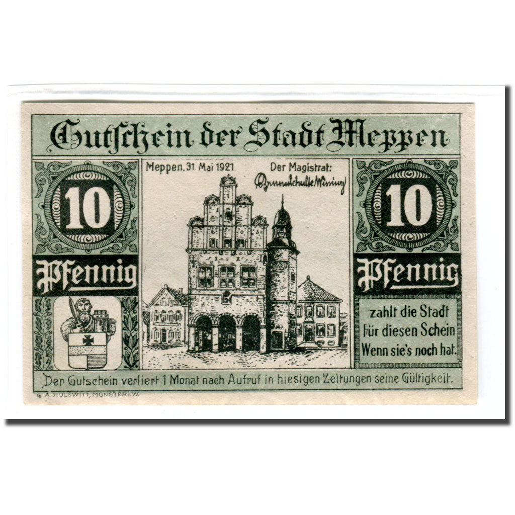 Banknote, Germany, Meppen, 10 Pfennig, Batiment, 1921, 1921-05-31, UNC(63)
